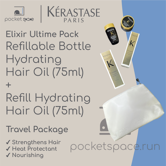 Kerastase Elixir Ultime Refillable Hydrating Hair Oil Travel Bundle (Bottle + Refill + Pouch)