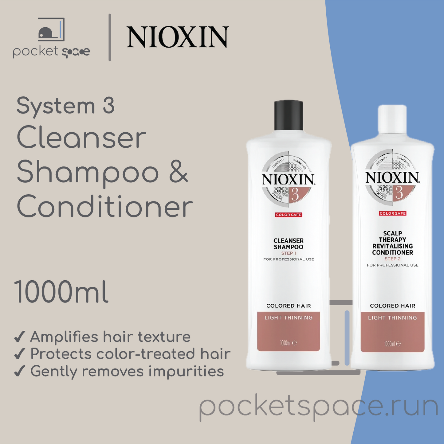 Nioxin Systen 3 Bundle (Shampoo + Conditioner) - 1000ml / 1L each